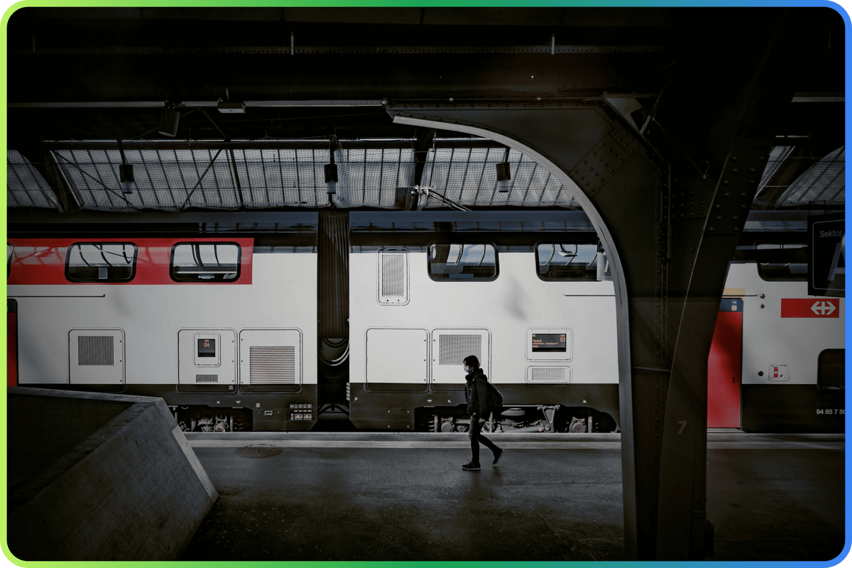 Train in trainstation displaying the use of NGO as secure online election tool for NGOs like Forum Train Europe, including the displayed SBB