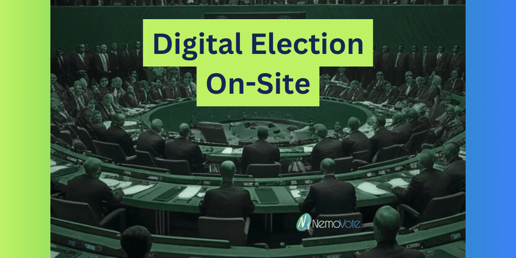 Digital Election on Site, written on a picture of several people in a room looking like a UN General meeting and casting their ballots