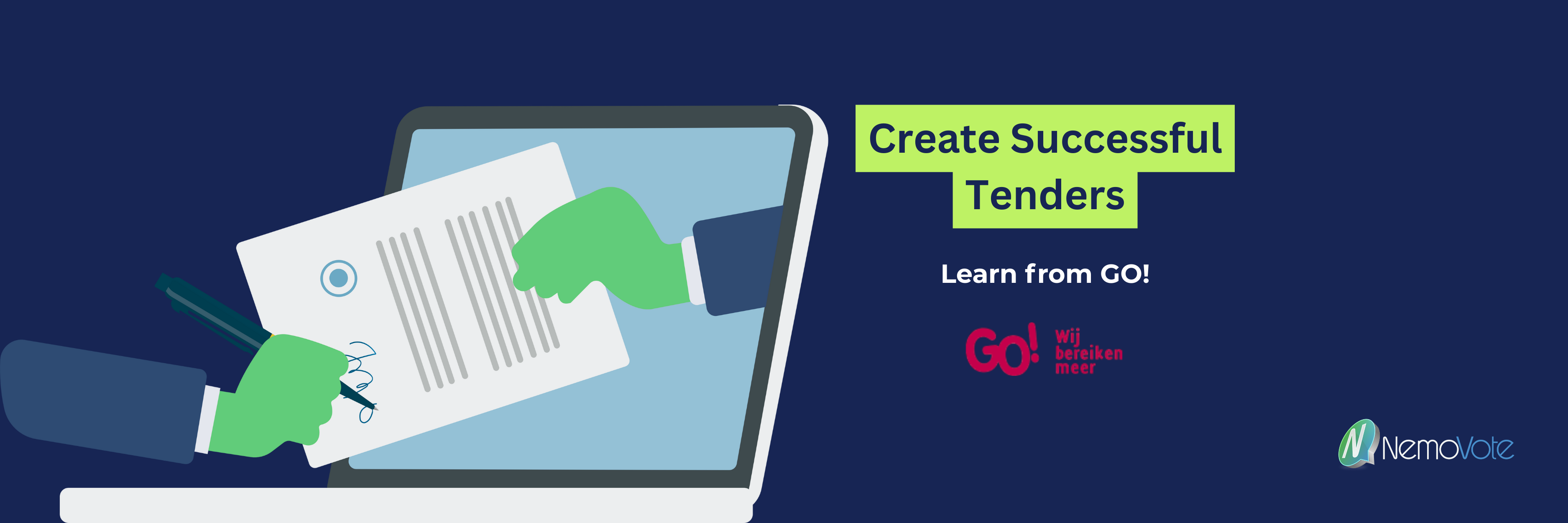 create successful tenders learn from GO!. Picture of two hands doing a signing in a laptop display and the nemovote logo