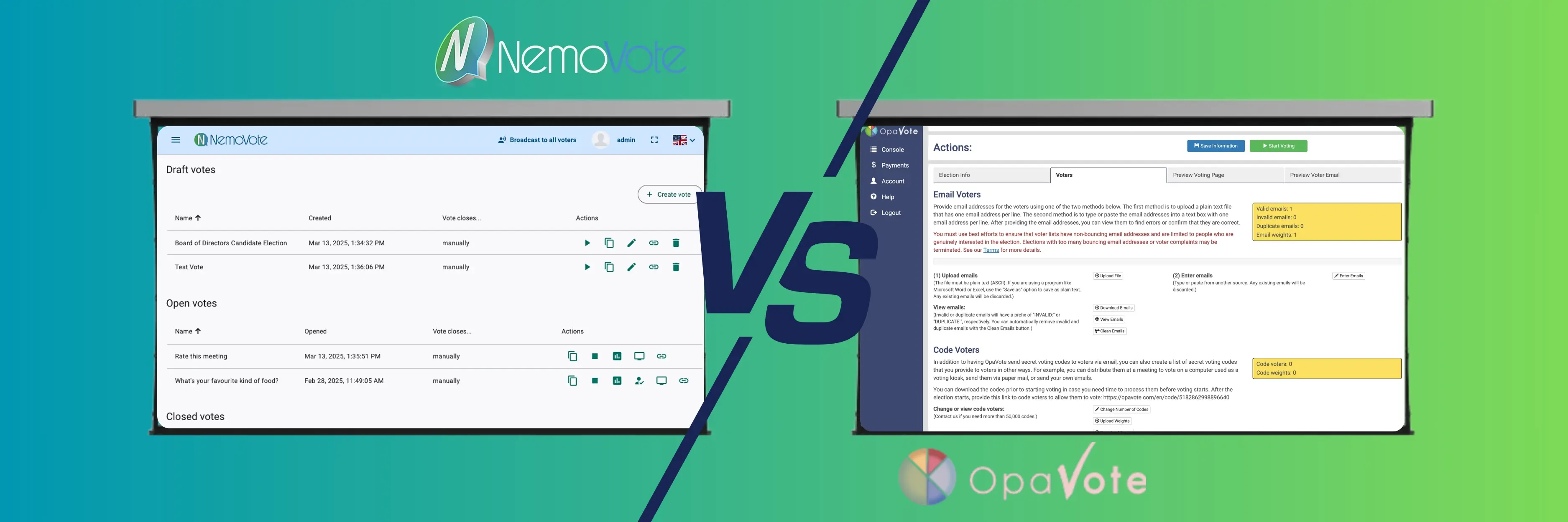 Direct comparison of the NemoVote and OpaVote admin interfaces showing election setup, voter management, and online voting management dashboards.
