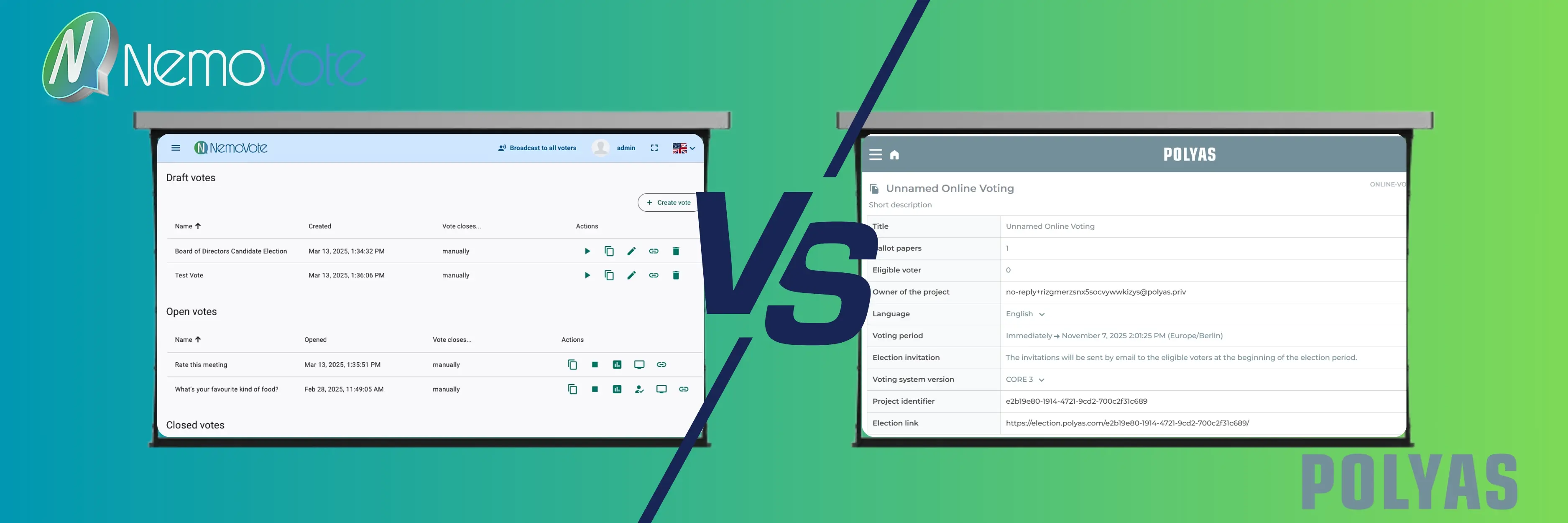 Comparison image: NemoVote dashboard on the left and the POLYAS interface on the right, separated by a VS divider on a teal-green gradient background.