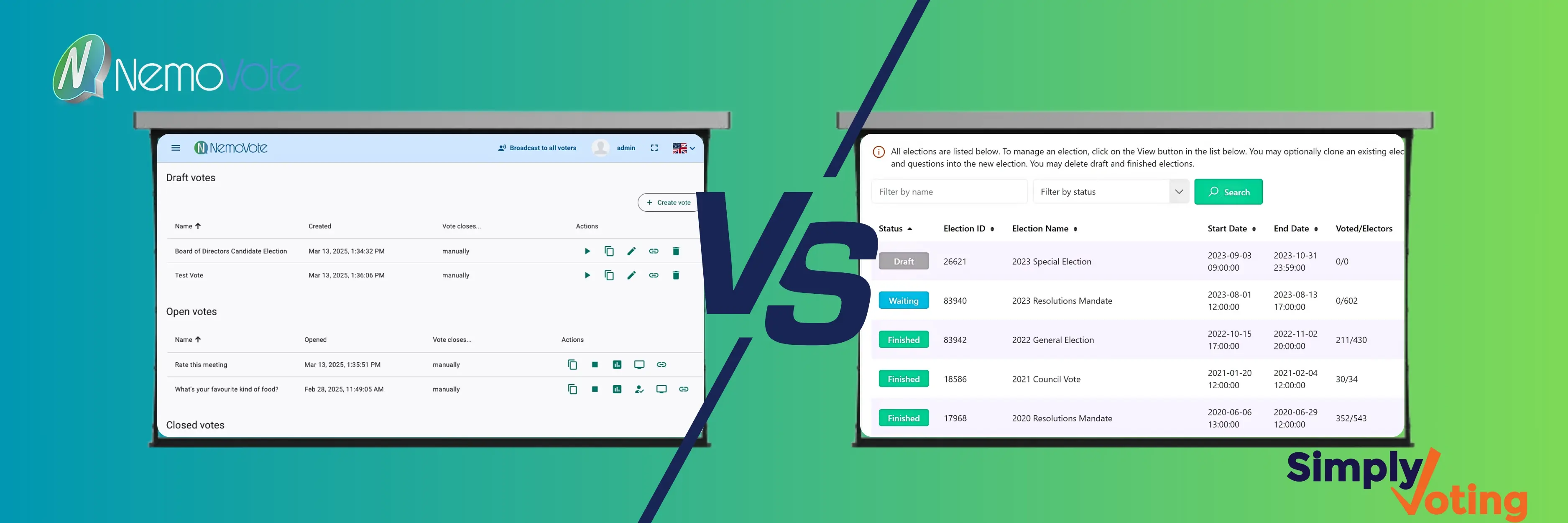Side-by-side comparison image showing the NemoVote dashboard on the left and the Simply Voting interface on the right, separated by a large ‘VS’ on a teal-green gradient background.