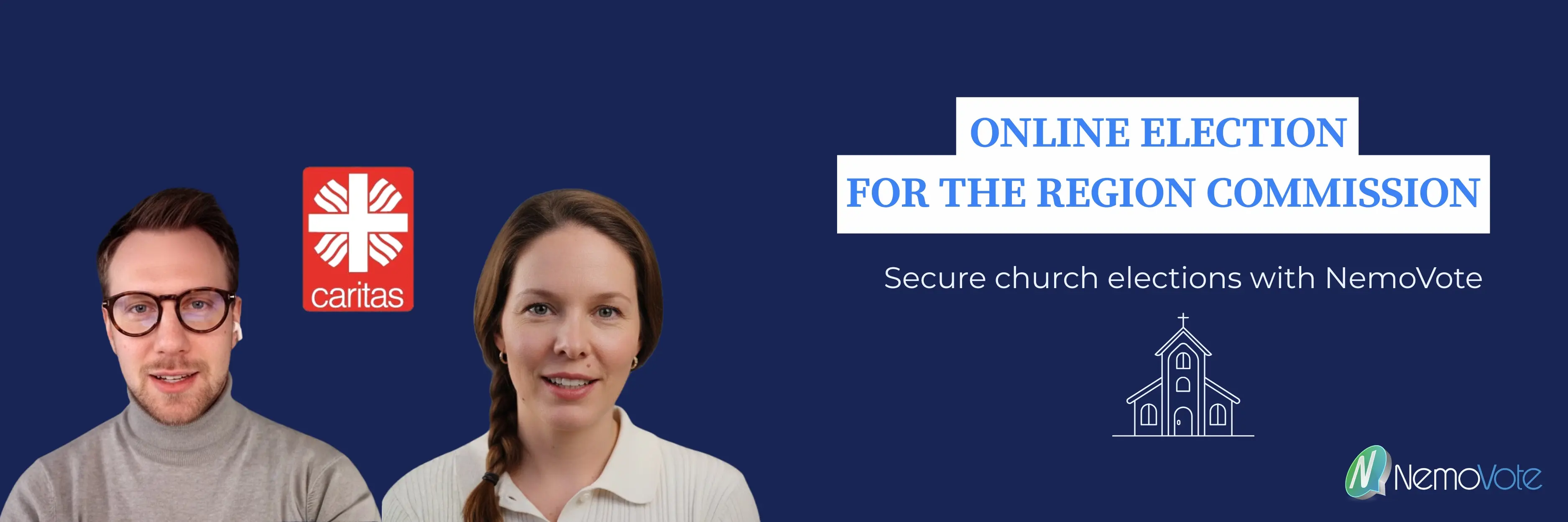 Podcast cover image showing Aaron Lesicar and Sina Steiner with the Caritas logo, presenting an online election for the Region Commission using NemoVote for secure church elections.