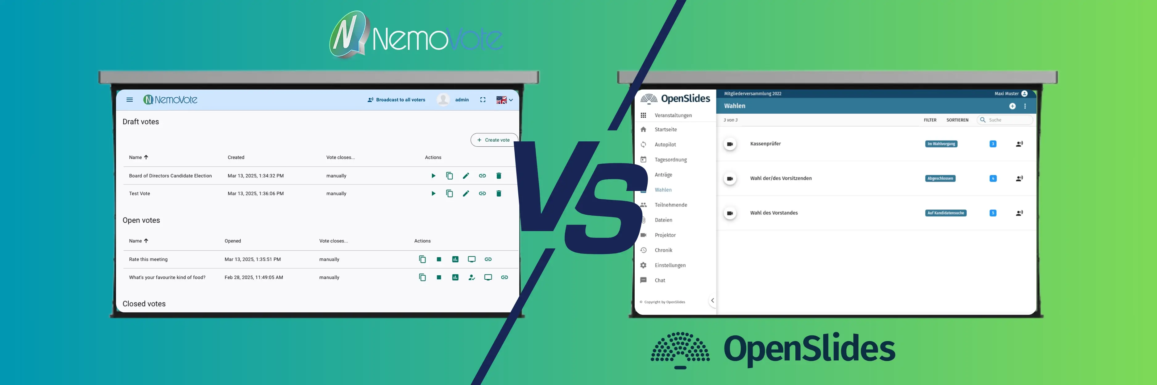 Side by side comparison of the NemoVote admin dashboard and the OpenSlides voting interface showing election management and digital voting workflows.