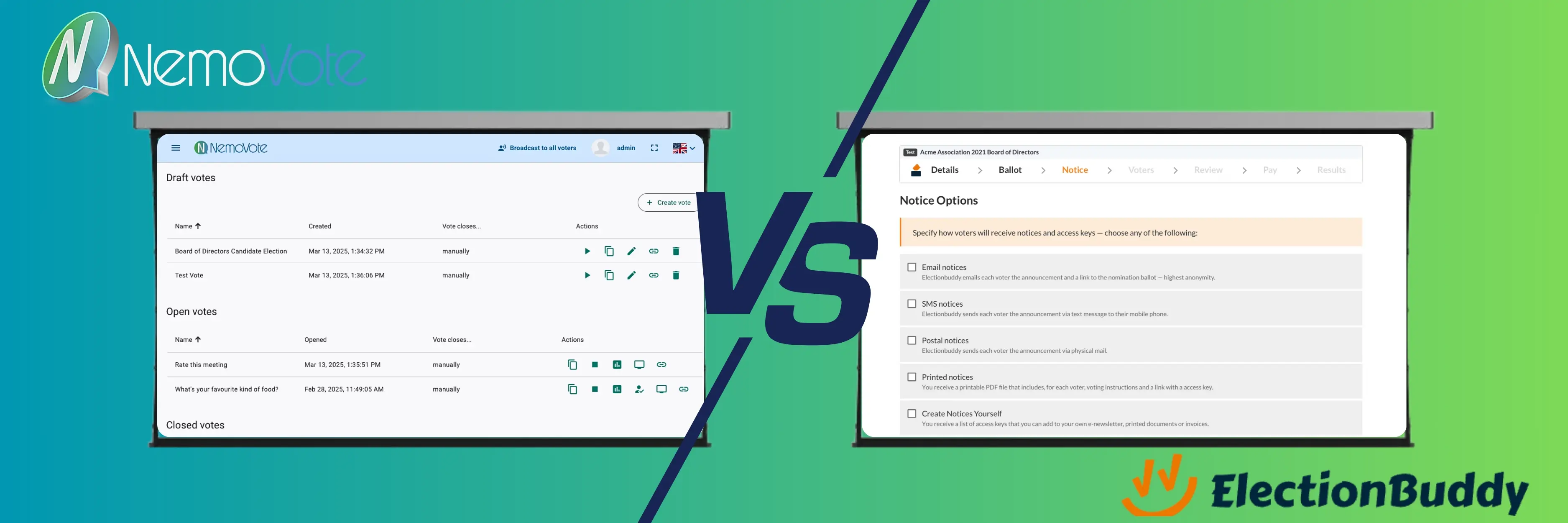 Nebeneinander angeordnetes Vergleichsbild mit dem NemoVote-Dashboard links und der ElectionBuddy-Seite für Benachrichtigungsoptionen rechts, getrennt durch eine VS-Linie auf einem grün-blauen Farbverlaufs-Hintergrund
