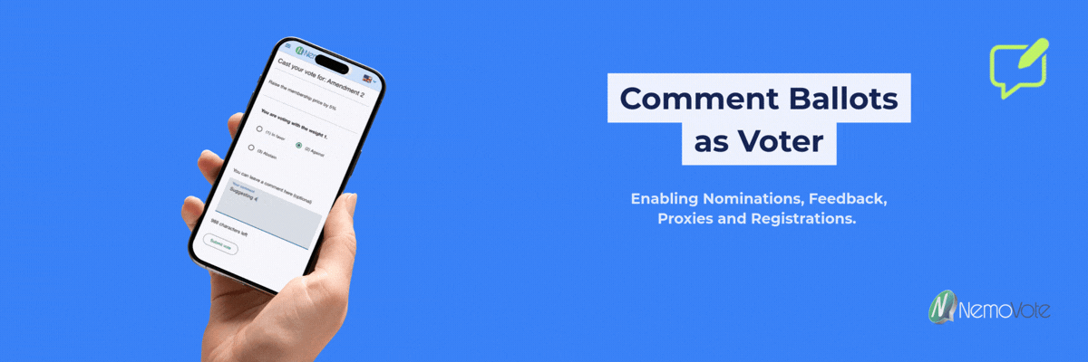 Comment of the election official sent to the ballot box via NemoVote. Text: "Comment votes as an election official and increases governance with a digital protocol: time-stamped and unchangeable".