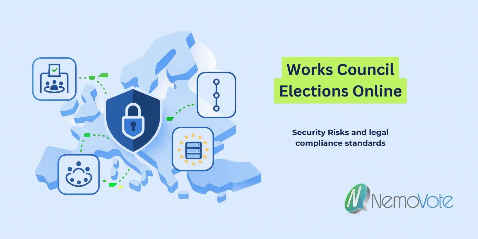 Works council elections: Security, legal risks and challenges. Map of europe with geometric design and security icons 